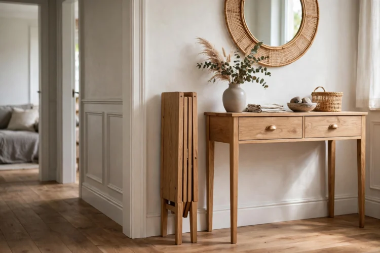 Gateleg dining table folded flat beside a hallway console