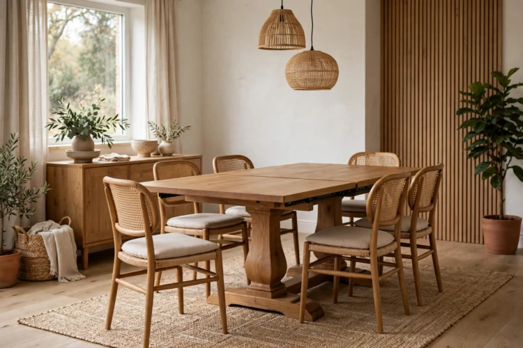 Pedestal base extendable dining table with chairs pulled in