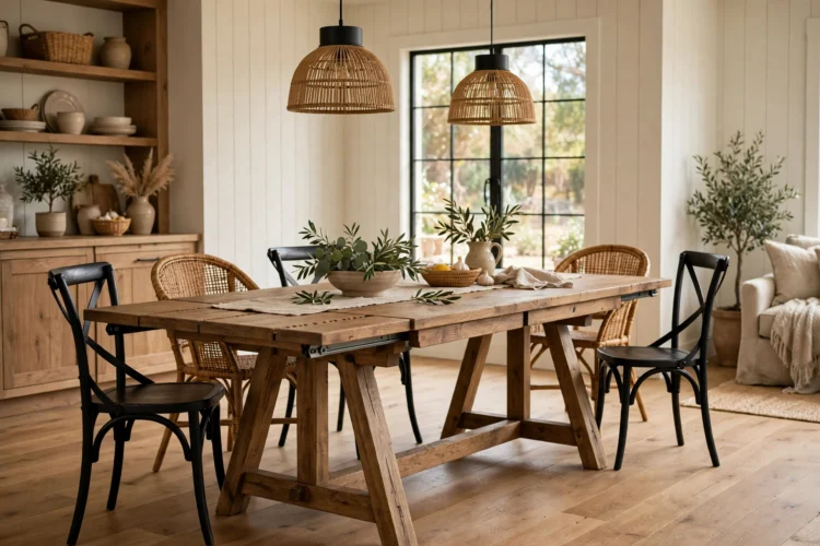 Trestle base farmhouse dining table with sliding leaves
