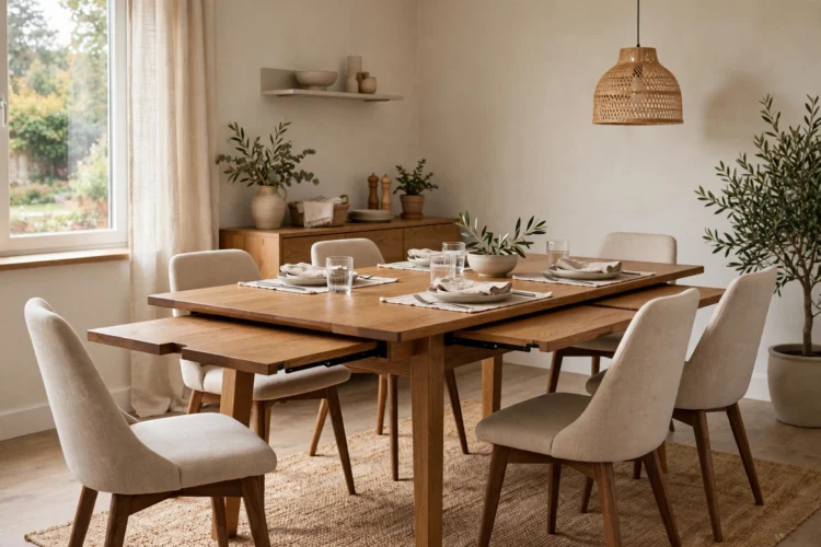 Extendable dining table with self-storing leaves under the top