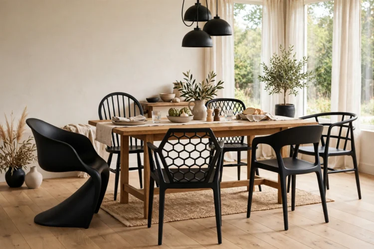 Dining chairs in different shapes painted the same black color