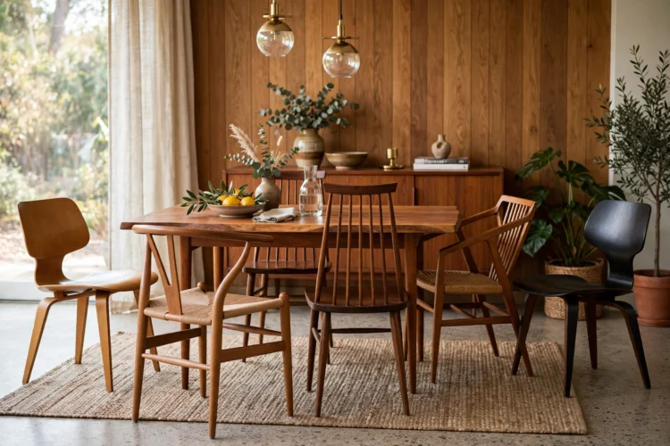 Mid-century dining chairs in different silhouettes around a table