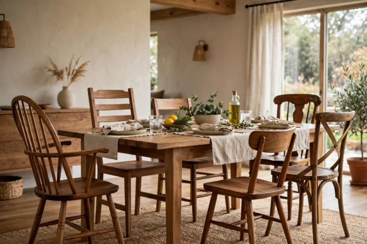 Dining chairs in different styles sharing the same wood material