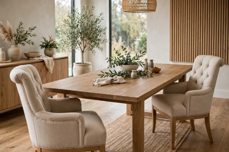 Two upholstered host chairs at the ends of a dining table
