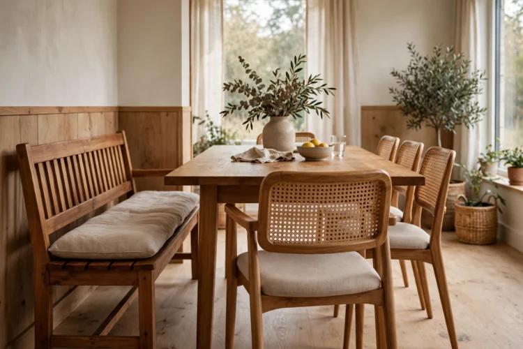 Wooden bench on one side of a dining table with chairs opposite