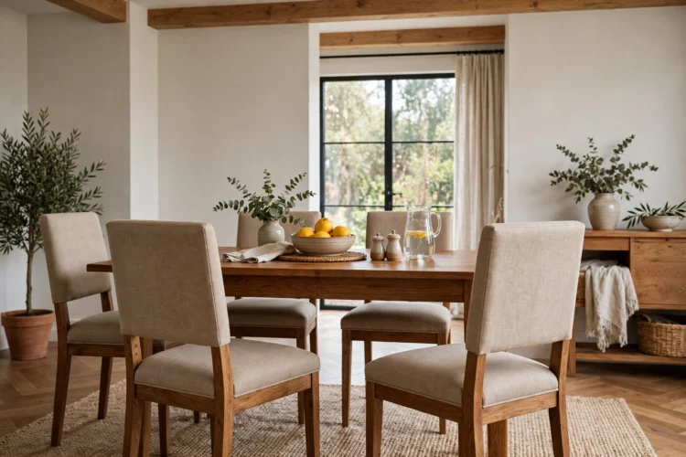 Upholstered dining chairs with wood frames around a table