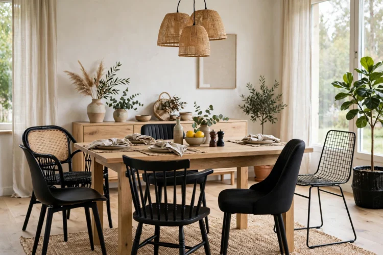 Black dining chairs in mixed styles around a light wood table