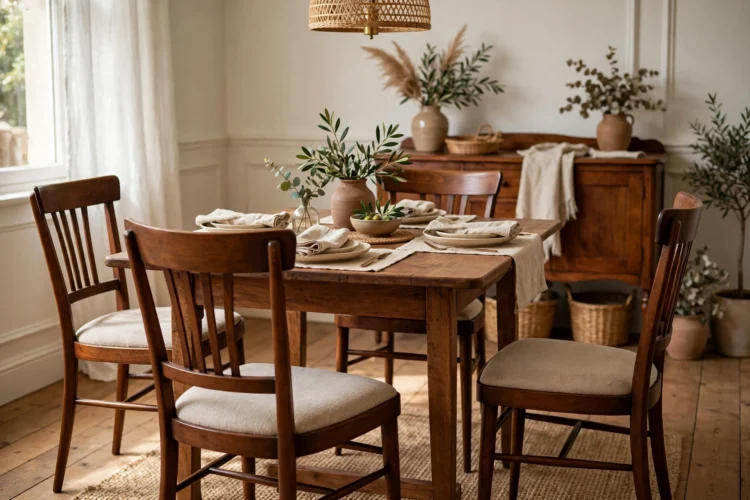 Vintage dining chairs refinished in the same warm walnut stain