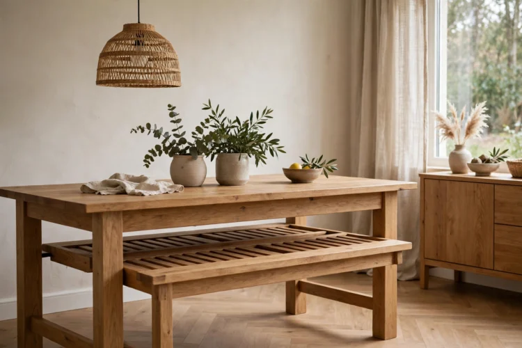 Backless wooden dining bench slid under a dining table