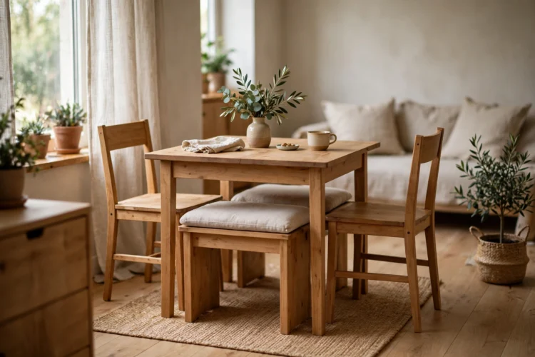Short dining bench tucked under a small four-seat table