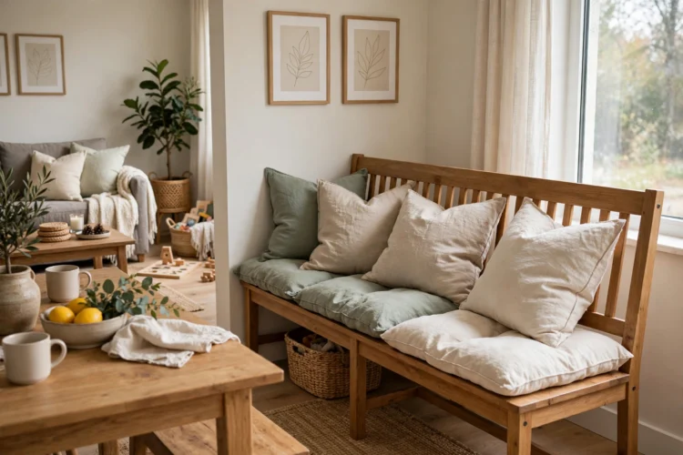 Dining bench with washable loose cushions in a family room