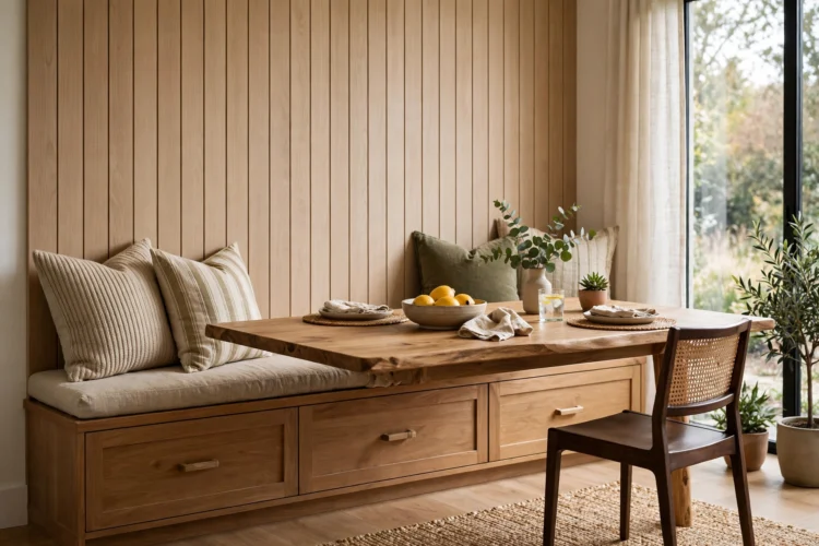 Built-in dining bench along a wall with storage drawers