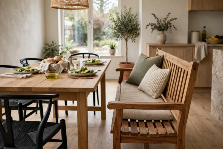 Outdoor-style teak bench used as indoor dining seating