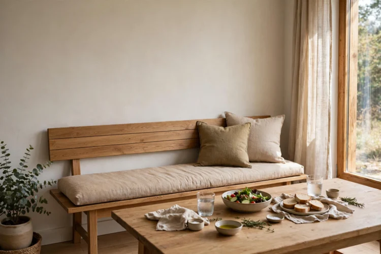 Dining bench with a low wooden back against a wall