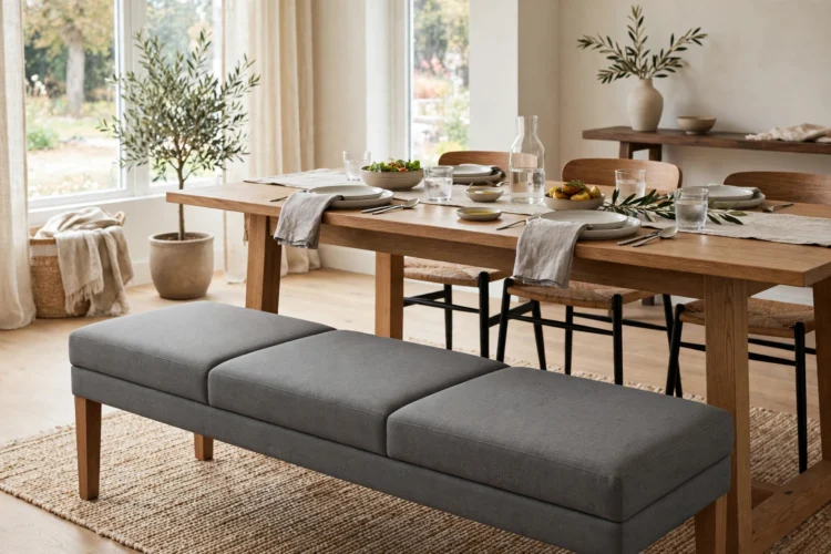 Upholstered dining bench in stain-resistant gray fabric