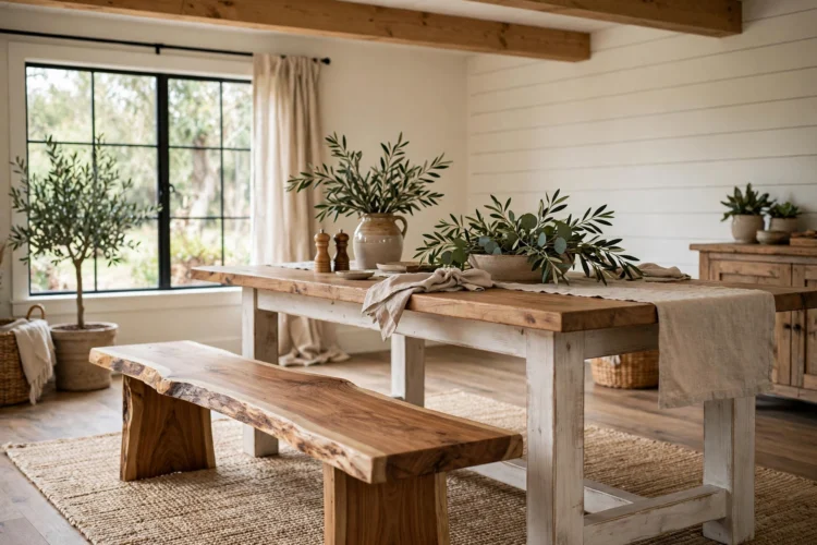 Live-edge wooden dining bench beside a farmhouse table