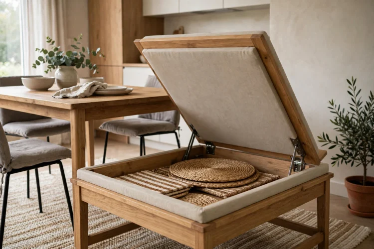 Storage dining bench with a lift-up seat showing placemats inside