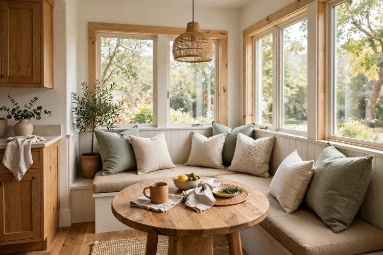 Corner banquette bench with cushions in a breakfast nook