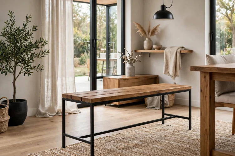 Metal-frame dining bench with a wood seat in a modern room