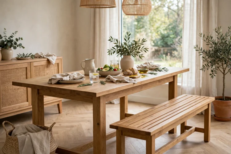 Wooden dining bench matching the table in the same oak finish