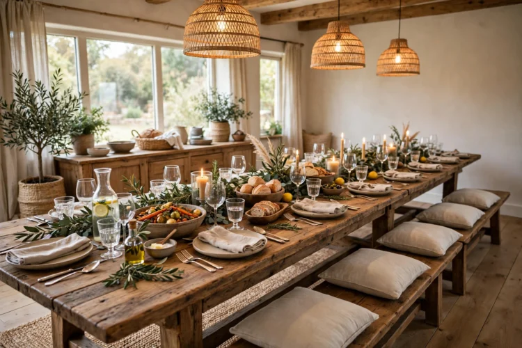 Long wooden dining bench set for a big family dinner