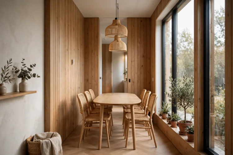 Slim oval dining table in a narrow dining room