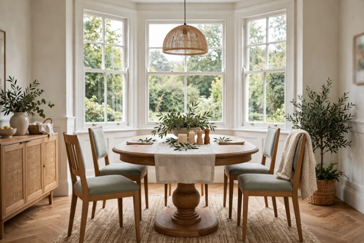 Oval dining table with a pedestal base in a bay window