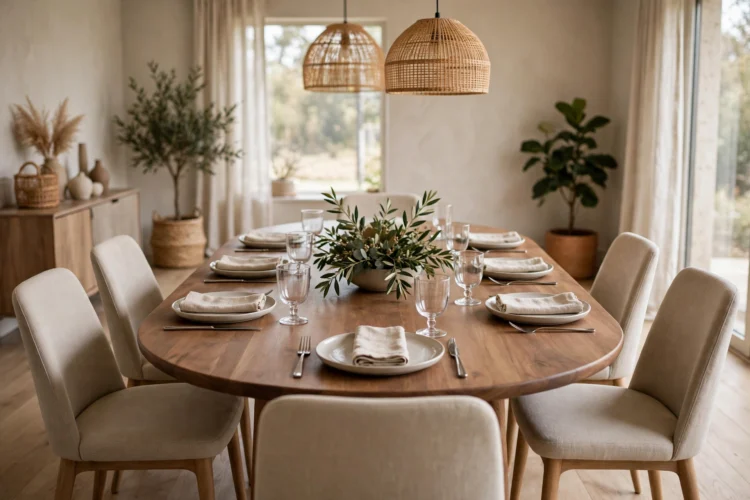 Oval dining table set for six with a low centerpiece