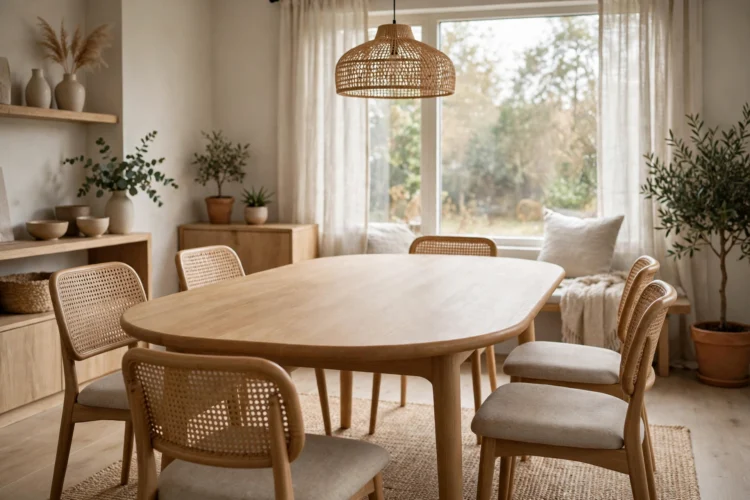 Wooden oval dining table with soft rounded edges