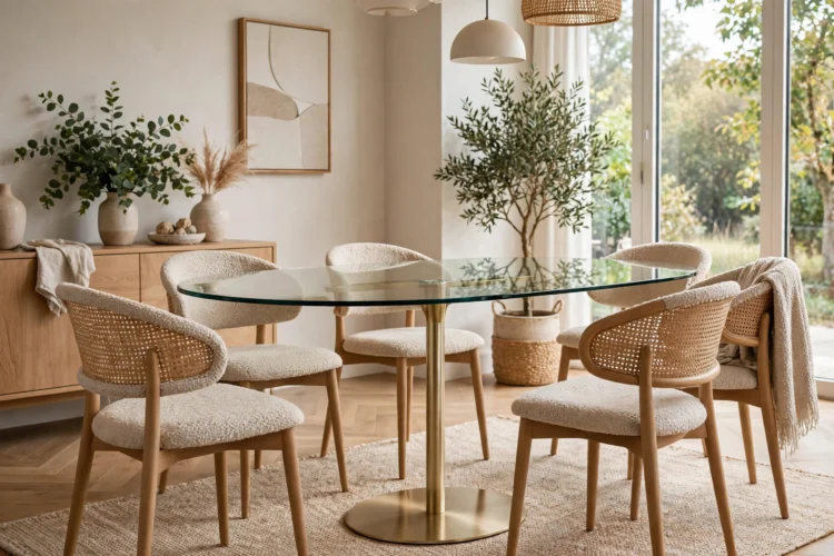Glass oval dining table with a slim metal pedestal base