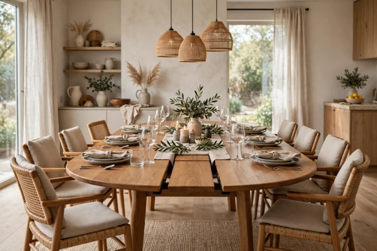 Extendable oval dining table shown open for guests
