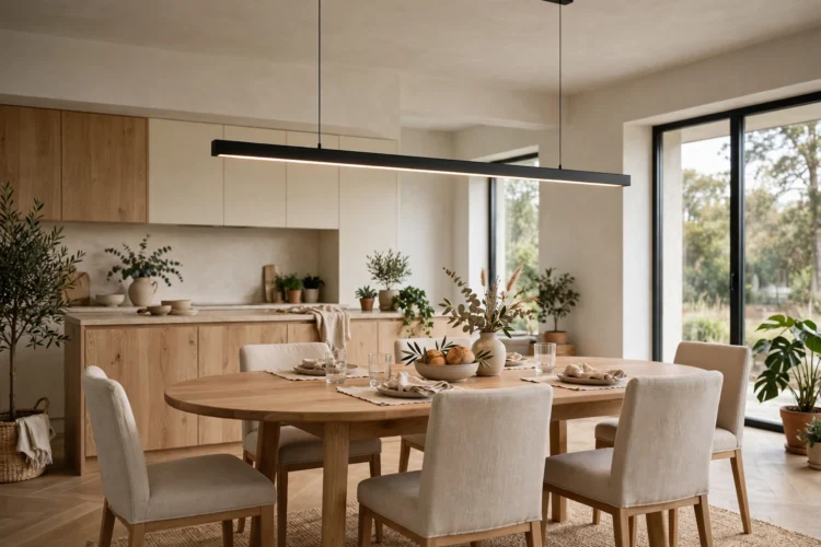 Oval dining table under a row of linear pendant lights