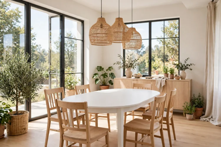 White oval dining table with light wood chairs in a bright room