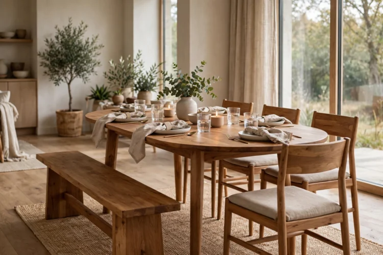 Oval dining table paired with a wooden bench on one side