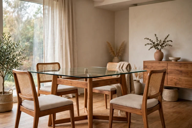 Clear glass dining table on a warm wood base