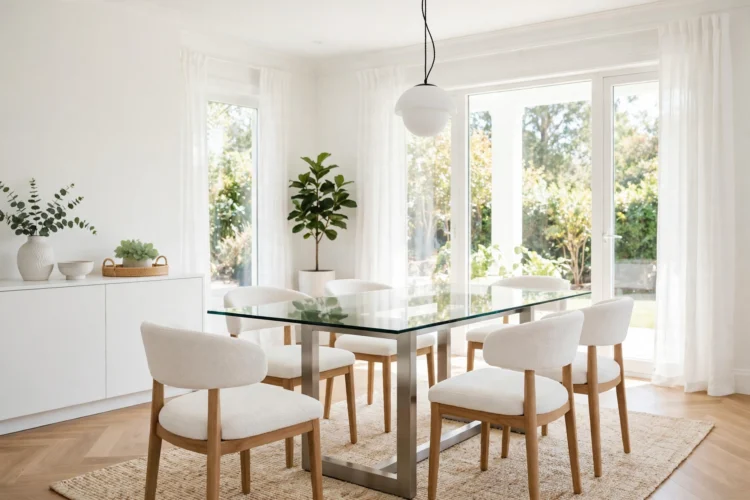 Glass dining table in a bright white dining room