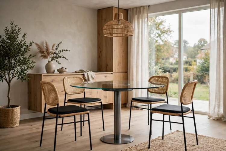 Glass dining table on a slim metal pedestal base