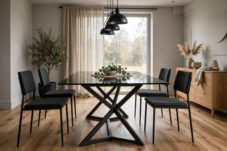 Smoked glass dining table with a dark metal base