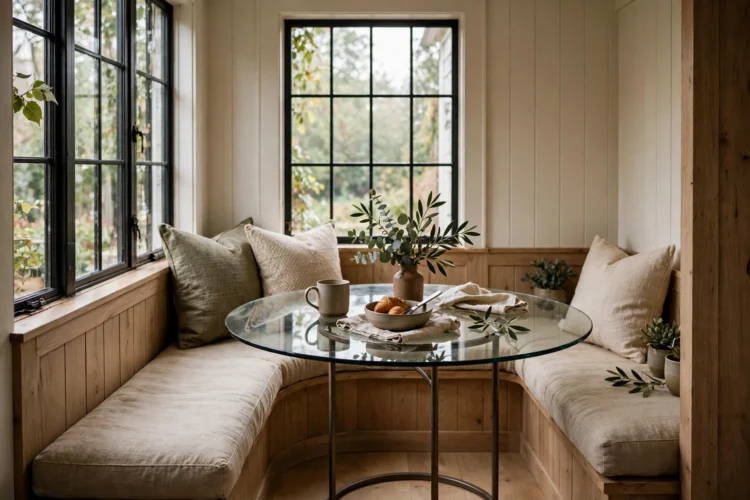 Round glass dining table in a tight breakfast nook