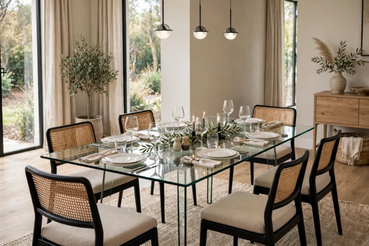 Rectangular glass dining table set for six