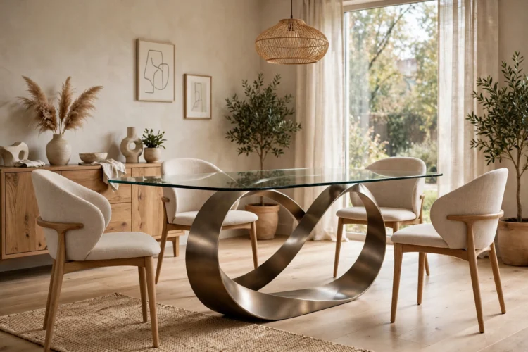 Glass dining table with a sculptural curved metal base