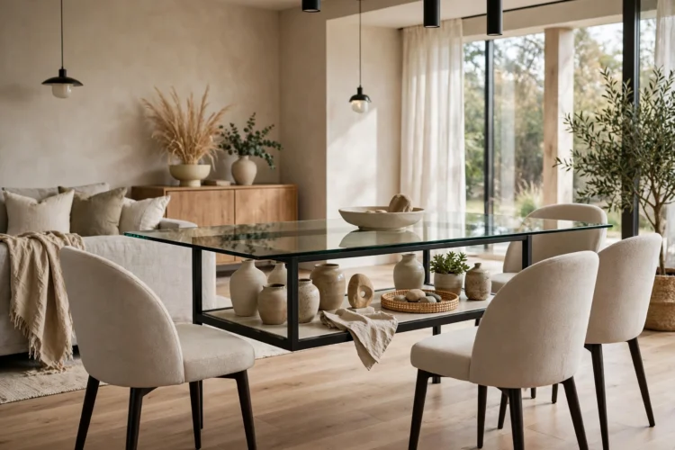Glass dining table with a display shelf under the top