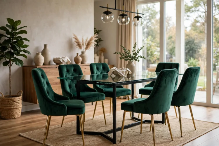 Glass dining table paired with bold velvet dining chairs