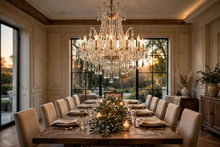 Crystal dining room chandelier over a long wood table