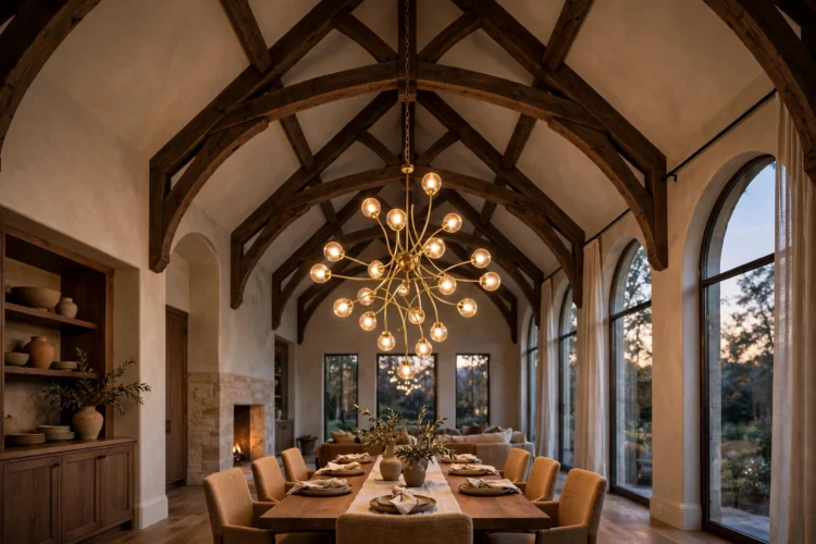 Statement chandelier in a vaulted ceiling dining room