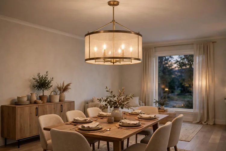 Modern drum chandelier hanging in a dining room with eight-foot ceilings