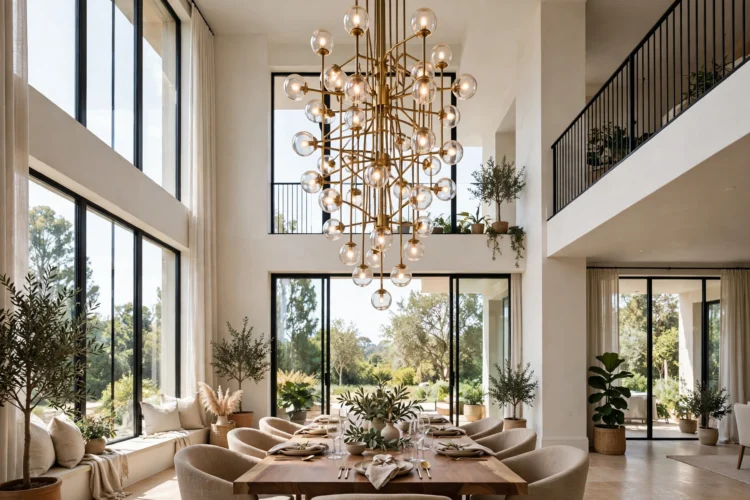 Oversized chandelier in a double-height dining room with tall windows
