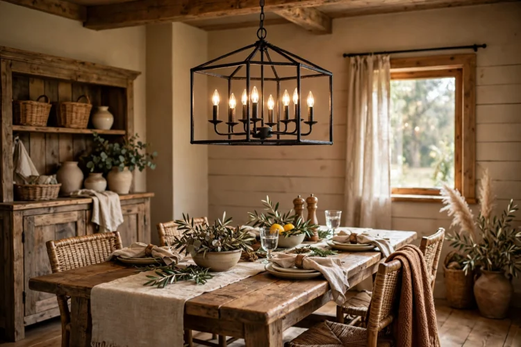 Black metal chandelier above a farmhouse dining table