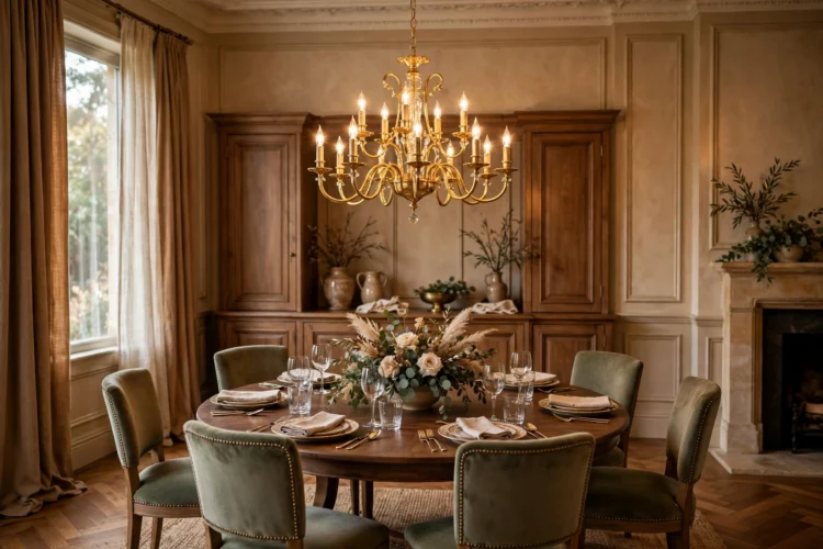 Gold chandelier centered over a round dining table