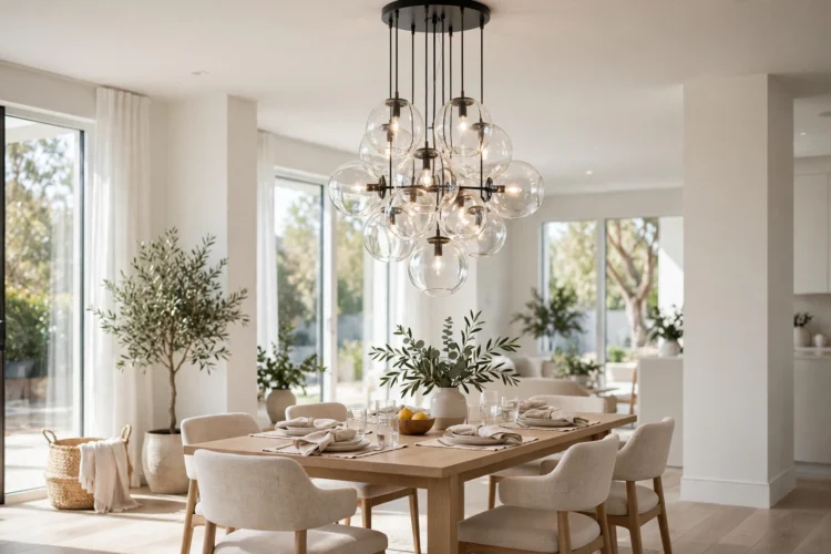 Glass globe chandelier in a bright contemporary dining room